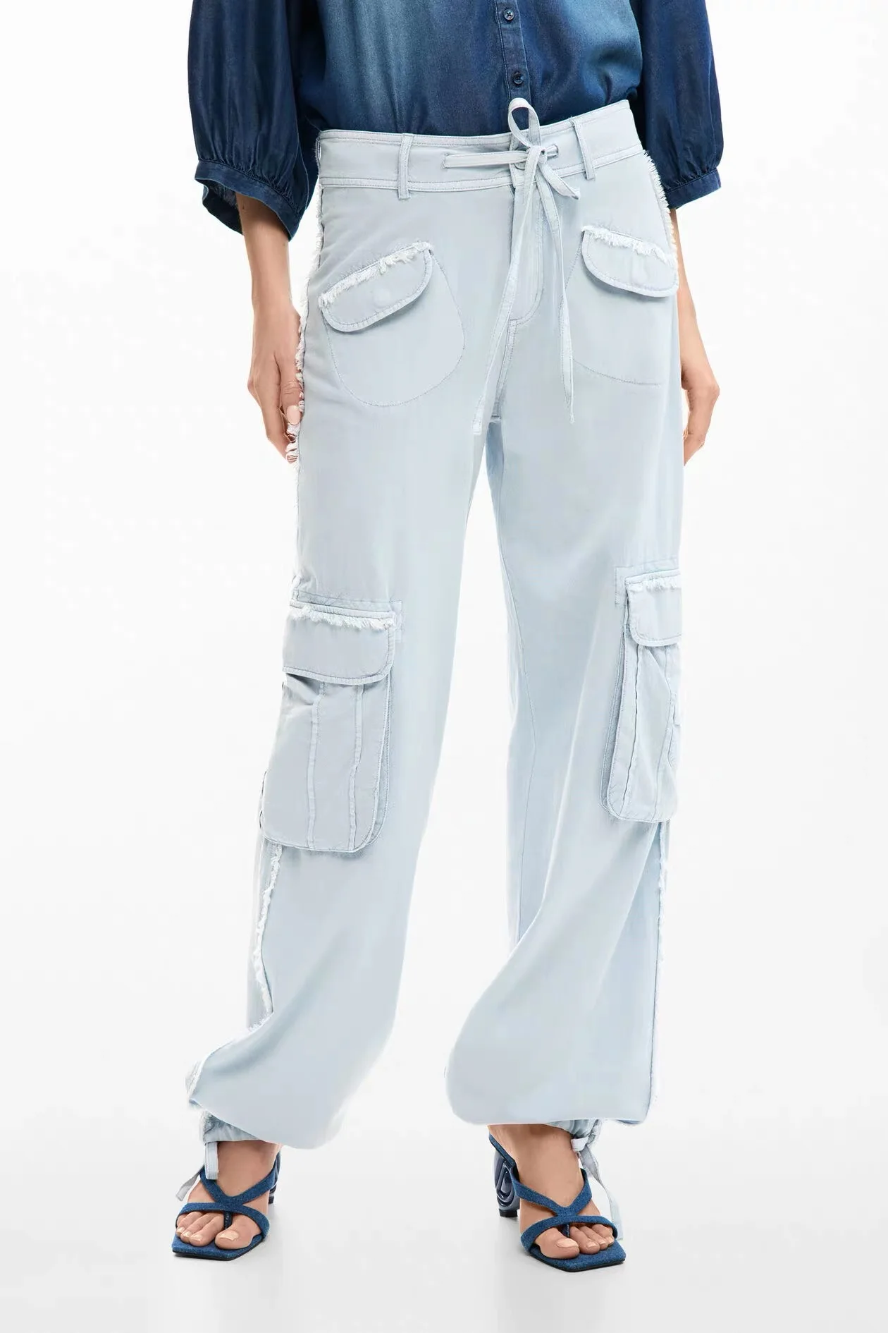 European, American, Spanish original single women's casual pants workwear style pocket loose lace up fashionable pants