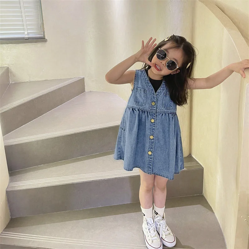 Baby Girl Dress Girls Set Sundress 2024 Summer Dress New Children Baby Denim Strap-up Fashion Comfort Durable Dresses