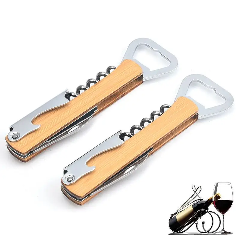 

100Pcs Bamboo Handle Stainless Steel Hand-Held Deluxe Bottle Opener Corkscrew Double Hinge Waiters Wine Bottle Opener ni446