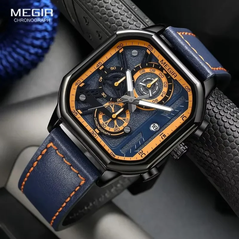 Megir 8106 esportes relógios de quartzo para homem calendário luminoso cronógrafo casual pulseira de couro à prova dwaterproof água moda relógio masculino