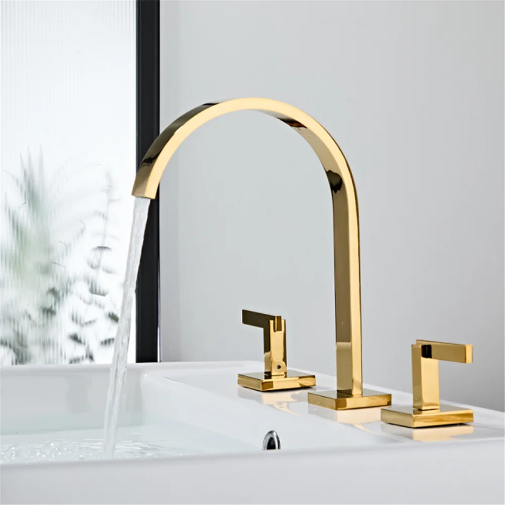 

Tuqiu Brushed Gold Bathroom Faucet Widespread Sink Tap Brass Gold Basin Faucet Black Sink Faucet 3 Hole Hot & Cold Water Tap