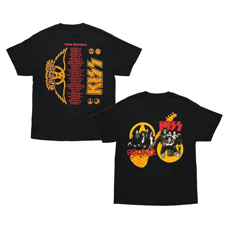 Camiseta de manga corta holgada de algodón puro estilo americano con estampado retro de la banda de hard rock nacional Kiss, ideal para el verano.