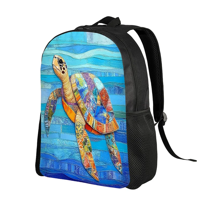 

2D flat printed backpack, turtle theme, adjustable shoulder strap, color collage, durable casual bag, zipper opening