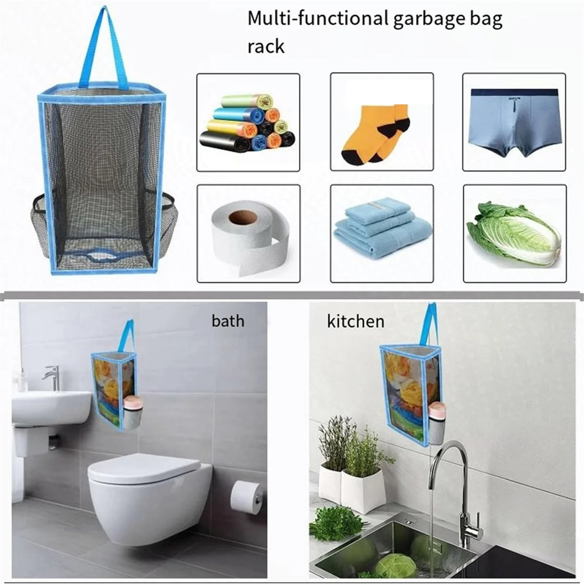 Hanging Breathable Plastic Grid Garbage Bag Socks Sundries Storage Organizers Kitchen Bathroom Storage Bag Blue