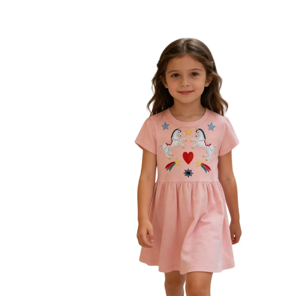 

Princess Short Sleeve Summer Dress for Girls Horse Embroidery Fashion Children's Clothing Jumping Meters New 2-7T