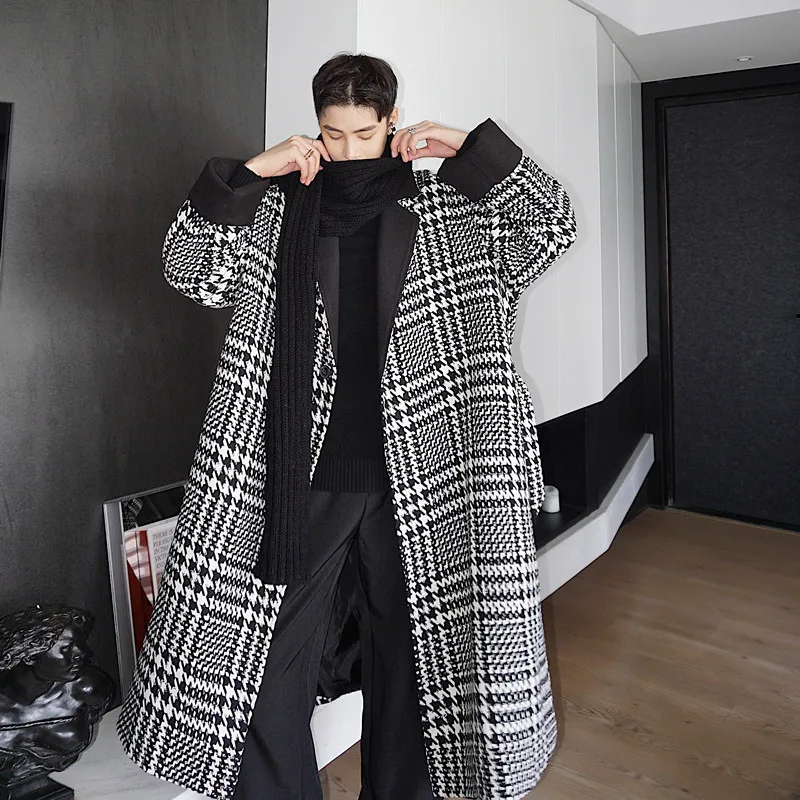 

2023 New Men Wool Blend Winter Coats Brand Fashion Wild Long Outerwear Clothing Plaid Jackets Wool Male Casual Clothing N64