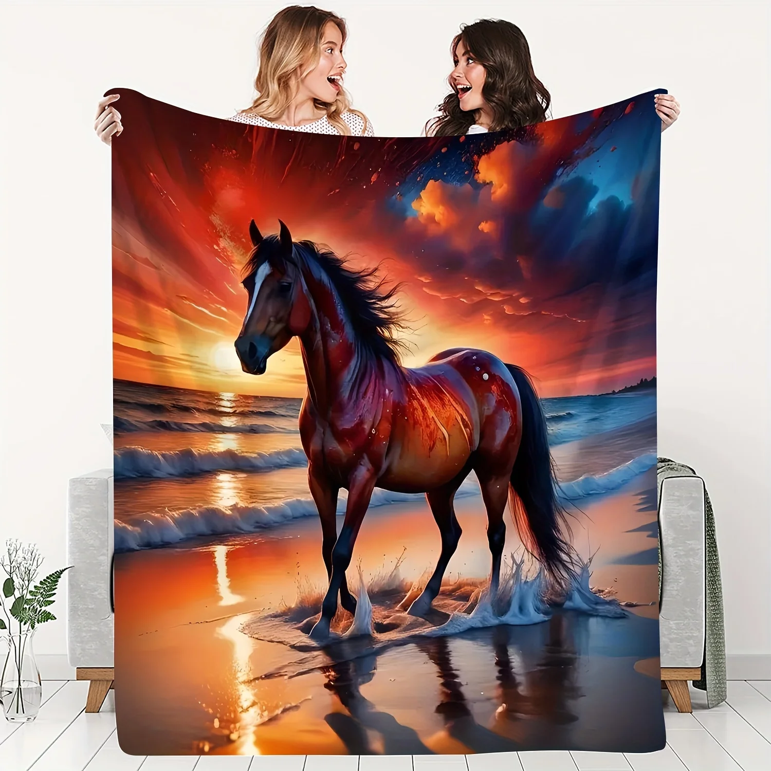 

Coastal Horse Print Soft flanne Blanket - All Seasons, Machine Washable, Animal Theme, Multi-Purpose, Knit Cover, Polyester Mate