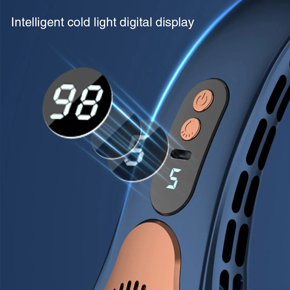 USB معلق الرقبة مروحة المحمولة الرقبة مروحة LED العرض الرقمي ورقة مروحة كهربائية ملونة جو أضواء مروحة التبريد 5 سرعة