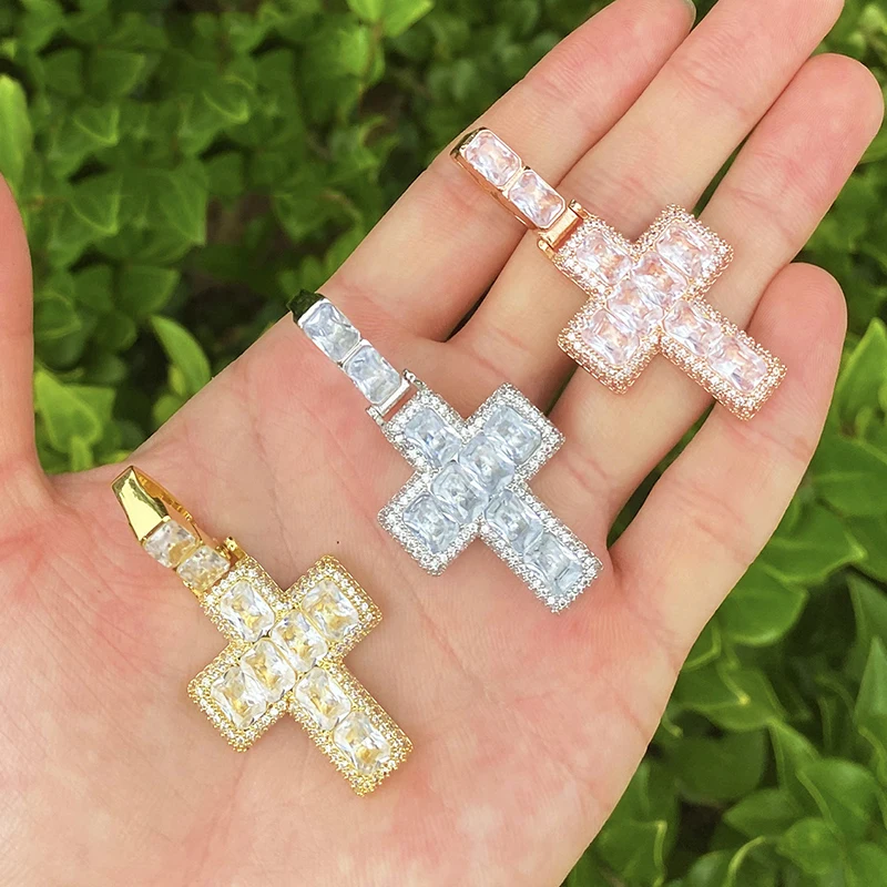 Hip Hop 5A+ Cubic Zirconia Paved Bling Ice Out Cross Pendants Necklaces for Men Rapper Jewelry Gold Silver Color