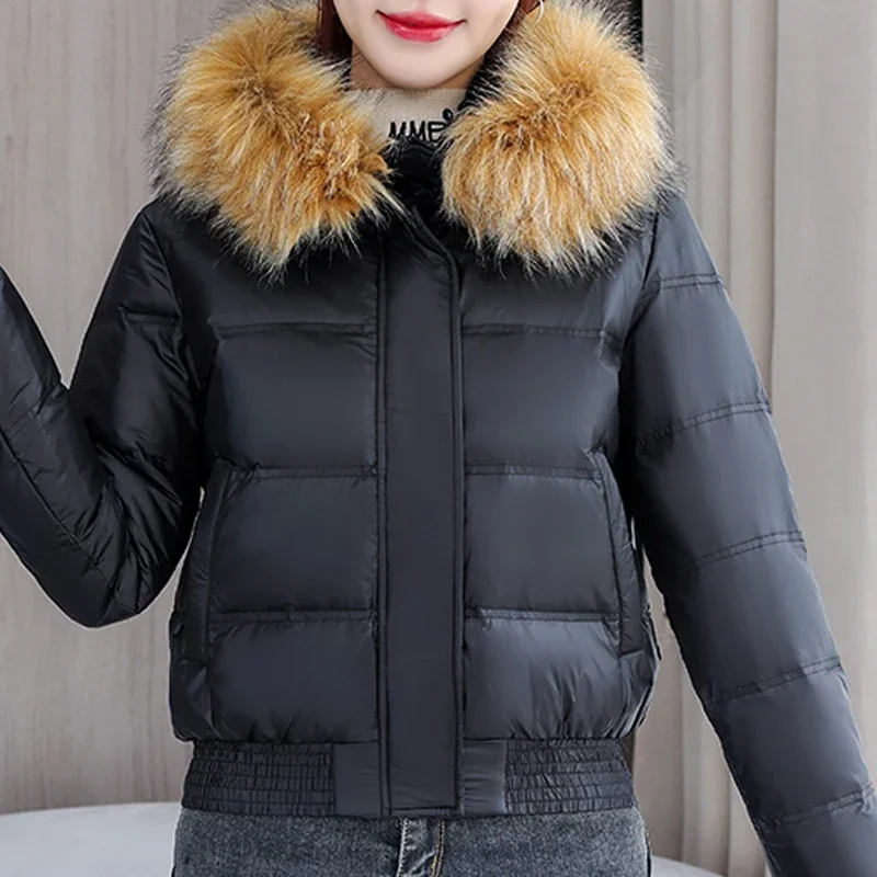 Woman Short Parka Winter Long Sleeve Outerwears Hooded 2024 Casual Faux Fur Collar Loose Thick Warm Lady Jackets