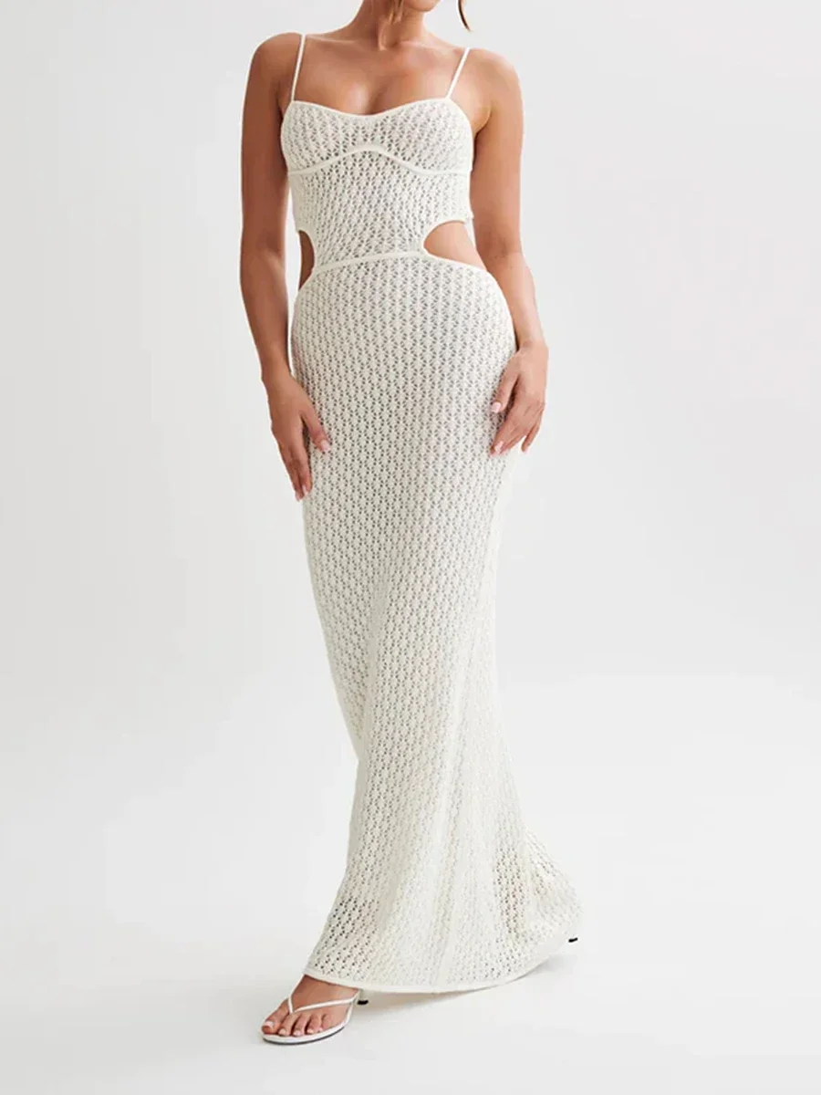 y2k Crochet Kintted Beach Dress Women Summer Bikini Cover Ups Cami Cutout Backless Spaghetti Strap Sleeveless Long Dress Beach