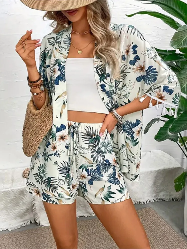 Frauen 2024 Neue Lose Hemd Strand Hosen Set Gedruckt Quaste Kurze Zwei-stück Tops Für Frauen Mode Lässig kordelzug Shorts Set