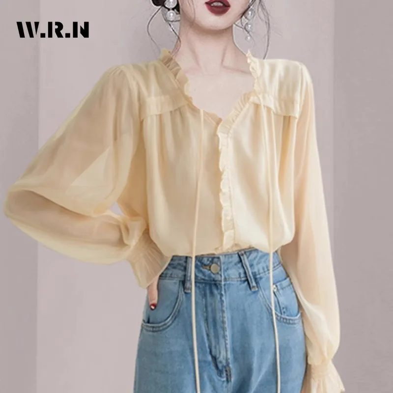 2024 Summer Sweet Round Neck Elegant Solid Pink Long Sleeve Shirt Women Causal Chic Soft Blouses Lace-up Chiffon Tees Top