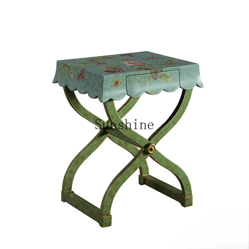 

European French birch corner feet romantic blue hand-painted flower solid wood small coffee table