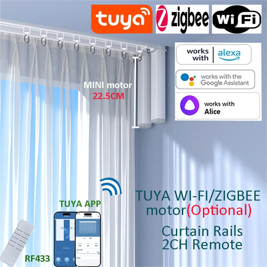 

Tuya WiFi/Zigbee mini Curtain Motor Support Alice Google Alexa Customized Electric Curtain Track Rod Cornice Rails Smart Home