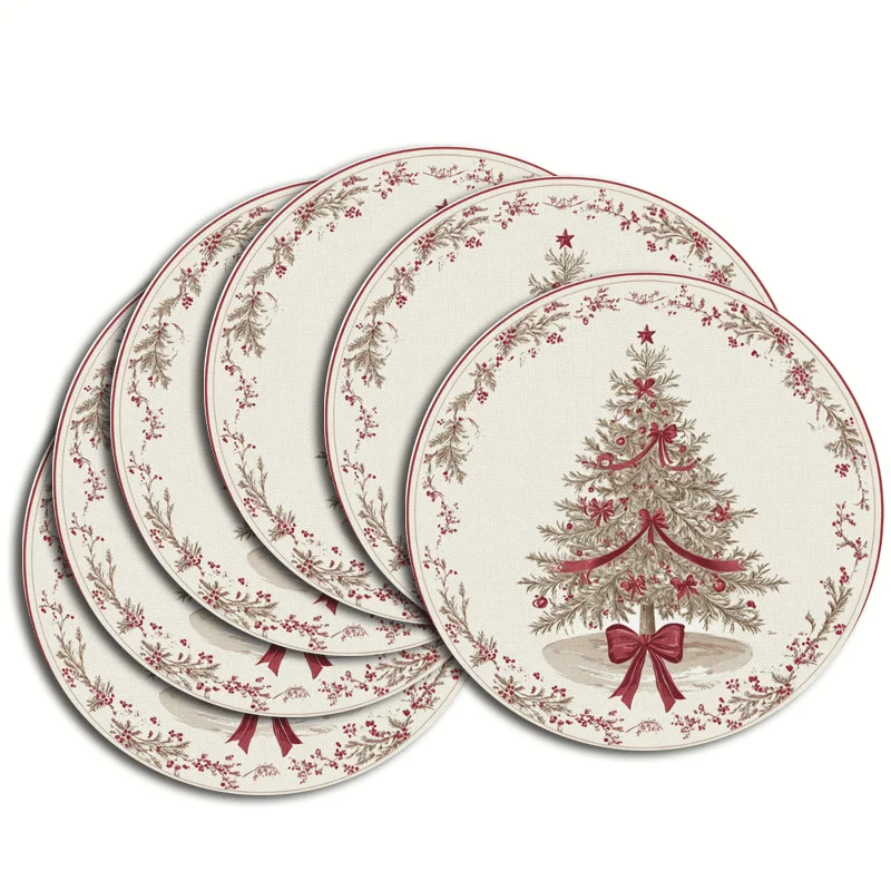 VIKAMA 6PC Neujahr Weihnachtsmatte Weihnachtsbaum Schleife Beere Tisch Restaurant Neujahr Weihnachtsdekoration