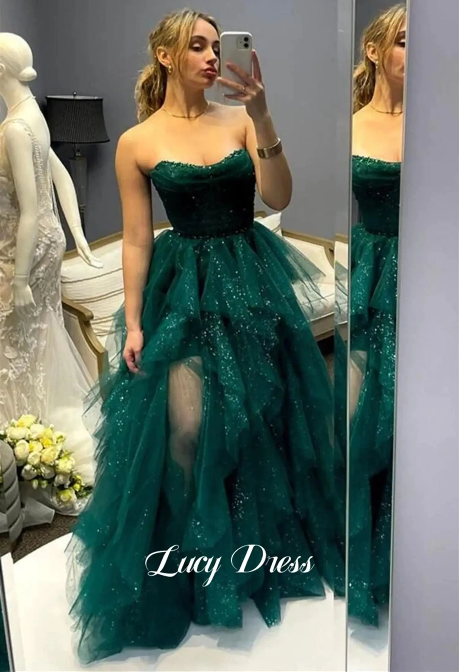 Lucy Graduation Gown Green Ball Shiny Mesh Layered Slit Luxurious Turkish Evening Gowns Gala Dress Women Elegant Party Prom