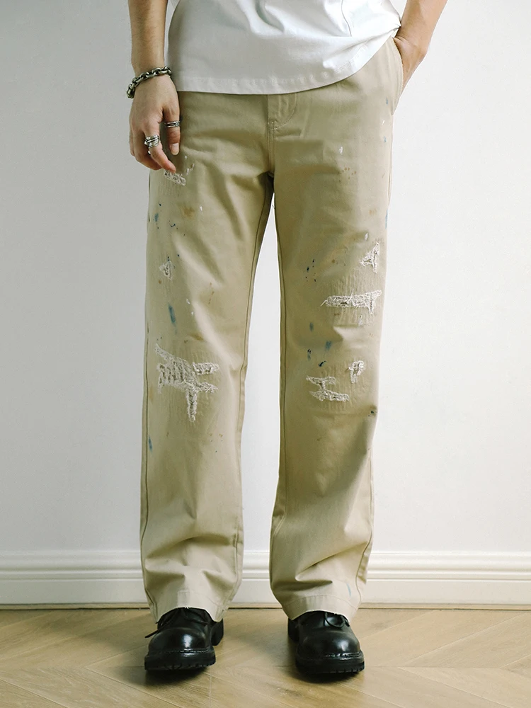 

Retro Distred Ink Splatter Hollow Embroidery Loose Chino Casual Straight Leg Pants MBBCAR Slim Fit Long Trousers
