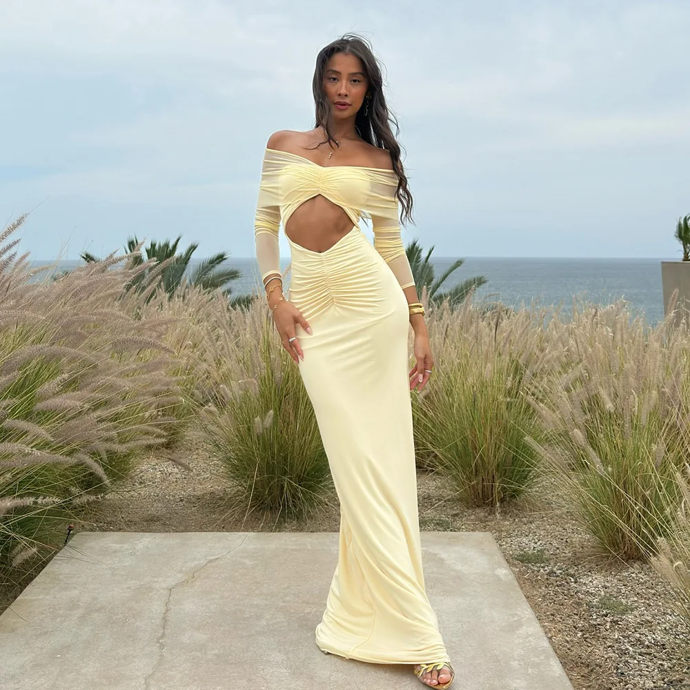 

New Style Sexy Hollow Mesh Dress with Fashionable Patchwork Off Shoulder Long Sleeve Slim Fit Dress Dress Robe Vestido Women