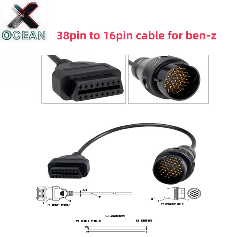 

2025 38-pin to 16-pin female connector for Mercedes-Benz Obd Obd2 Obdii Diagnostic Connector Extension Cable Adapter 10-Pack