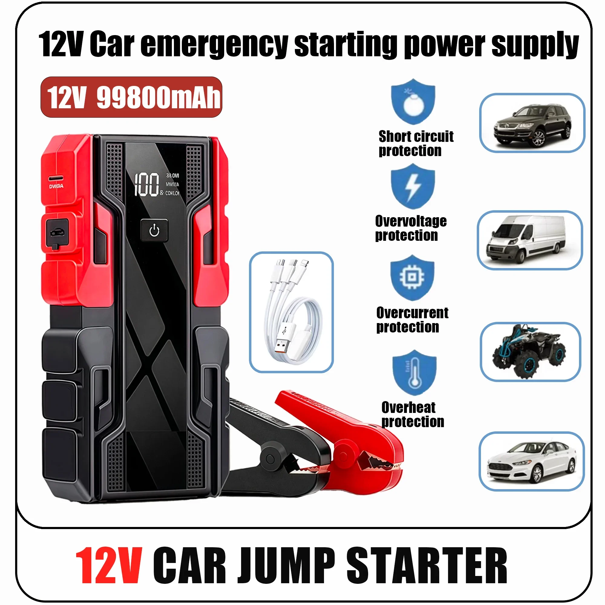 

Новый автомобильный стартер 12 В, 99800 мАч, портативный аварийный аккумулятор Power Bank со светодиодной подсветкой, USB, для внедорожника, фургона, мотоцикла, квадроцикла
