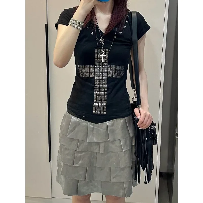 Vintage Y2k Harajuku V-neck Short Sleeves T-shirt Women's Summer Cross-embellished Rhinestone Punk T-shirt Fitted Top Trendy