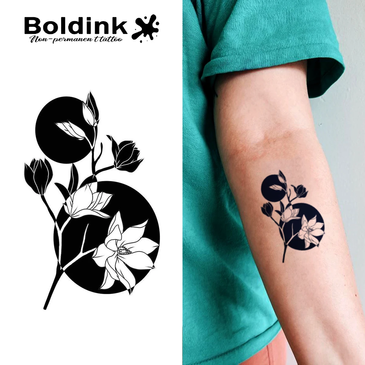 

Boldink Flower Tattoo Patch | Black, White, and Grey Minimalist Flower Branch Design | 1-2 Week Durable Waterproof