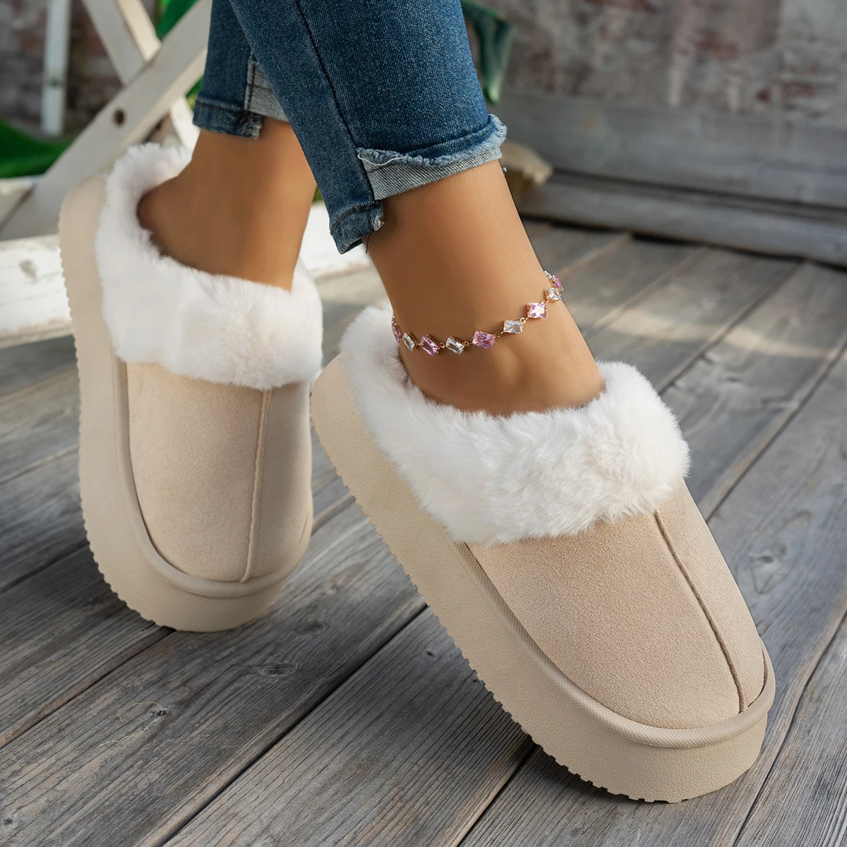 Women Fur Snow Boots Flat Anti-slip Fluffy Home Ankle Boots Woman Furry 2025 Winter Comfort Non Slip Indoor Floor Cotton Shoes