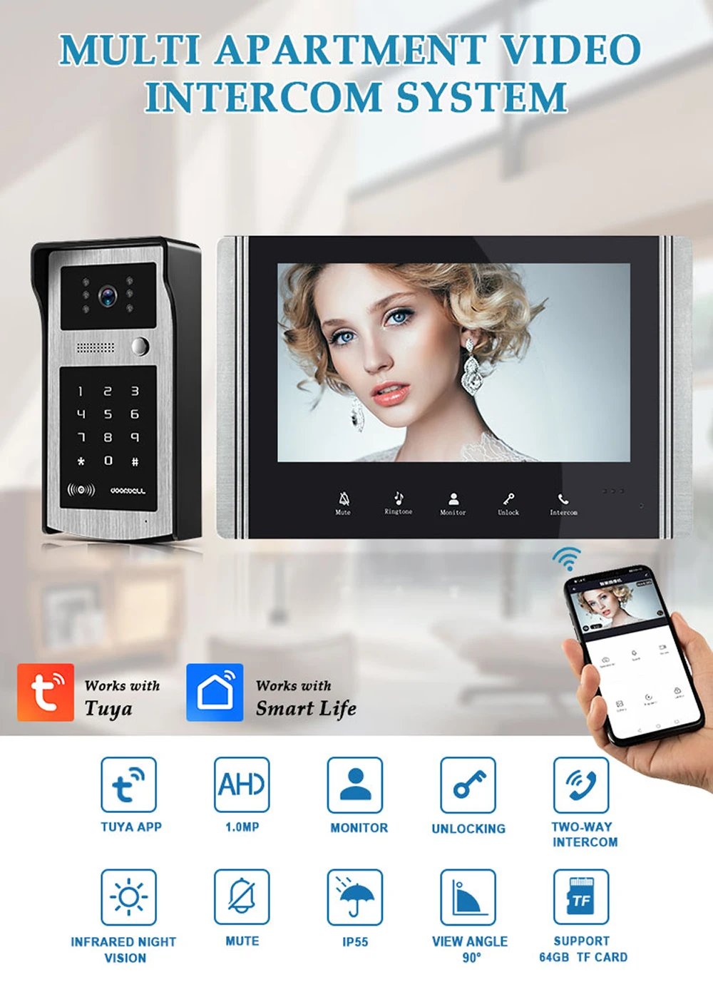 Smart TUYA 7 Inch Wifi Video Door Phone Intercom for Home Monitor entry system With Password/RFID Card Unlock Waterproof Camera