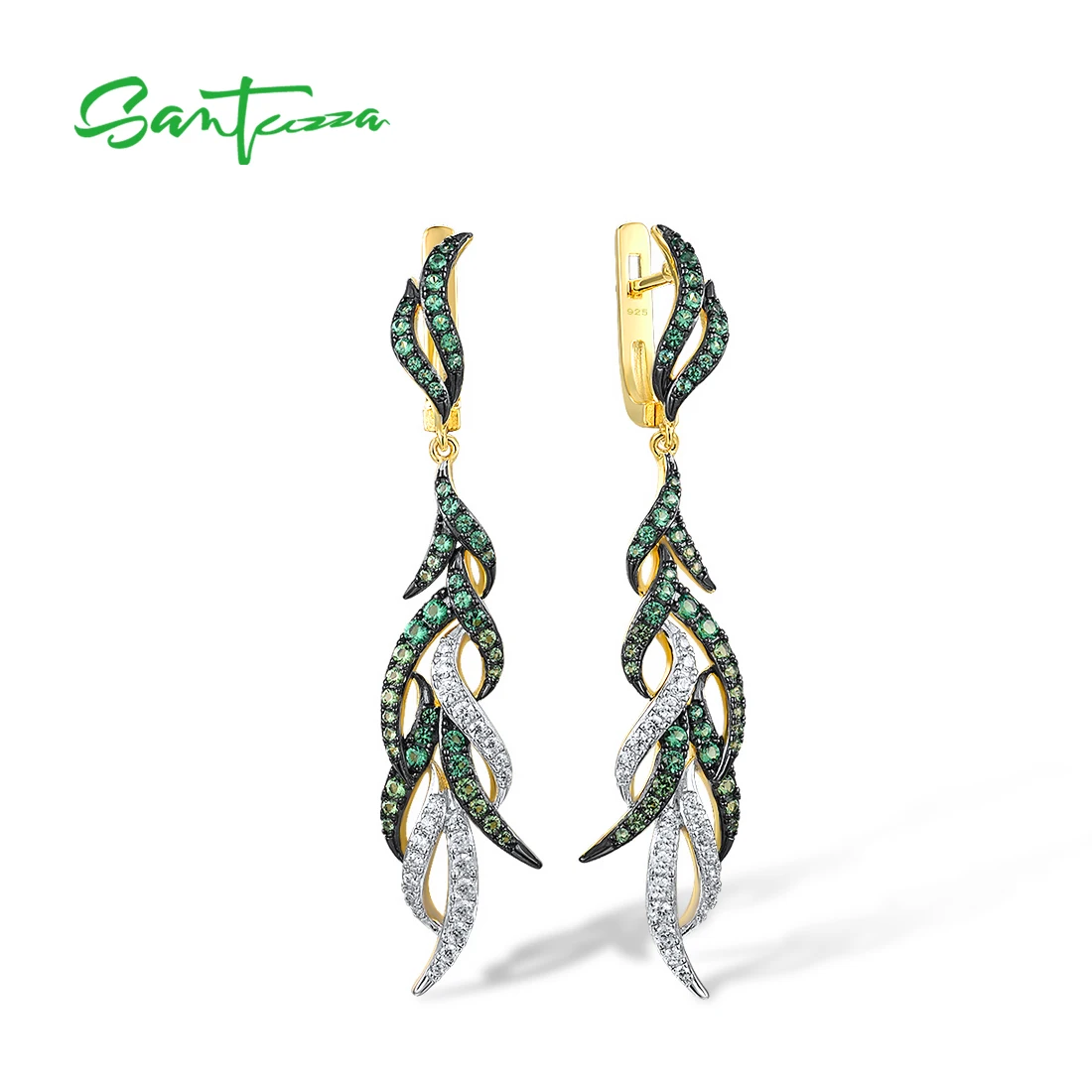 SANTUZZA Pure 925 Sterling Silver Latch Back Earrings For Women Sparkling Green Spinel White CZ Long Fashion Fine Chic Jewelry