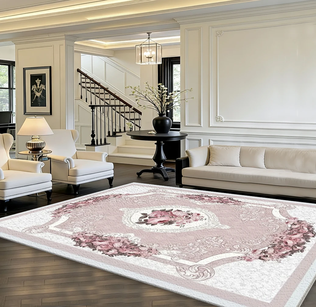 Vintage Pink French Floral Baroque Area Rug, Non-Slip Floor Carpet for Living Room Bedroom Home Decor