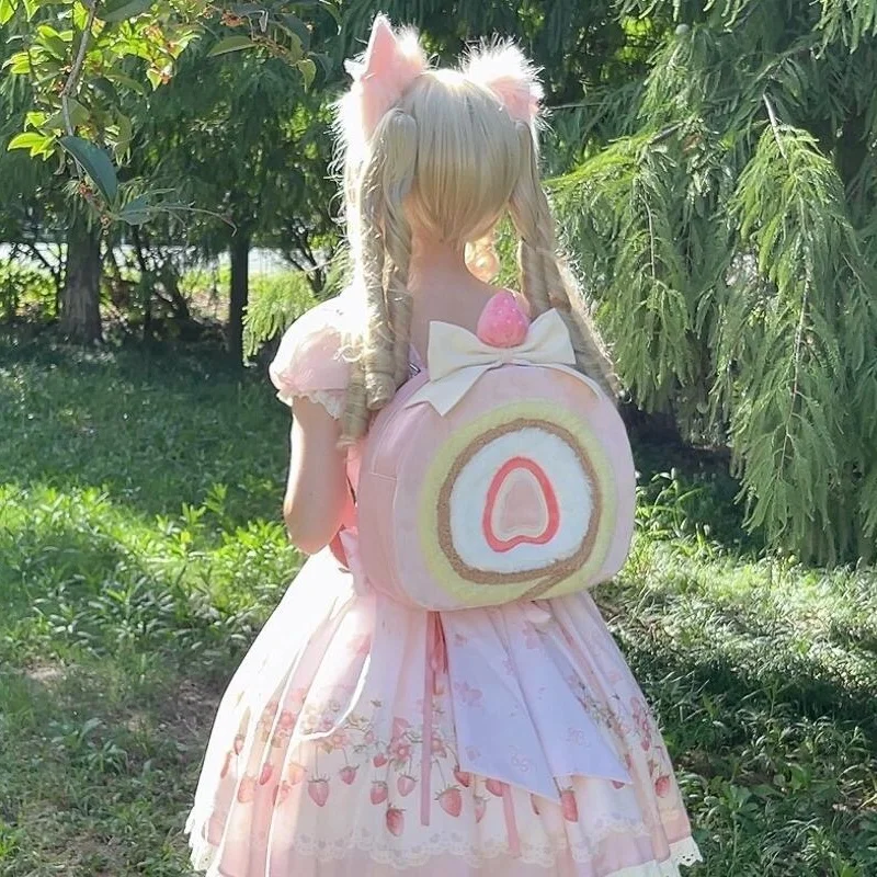 New Cute Strawberry Cake Food Backpack Anime Cosplay Bags For Women Sweet Pink Lolita Bag For Girl Christmas Gift Backpack