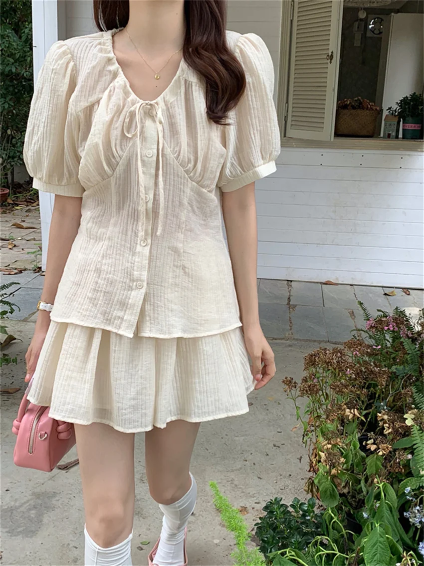 

PLAMTEE Apricot Women Sweet Suits Elegant Summer Daily Office Lady 2023 Solid Shirts Slim All Match Loose Shorts Gentle Sets