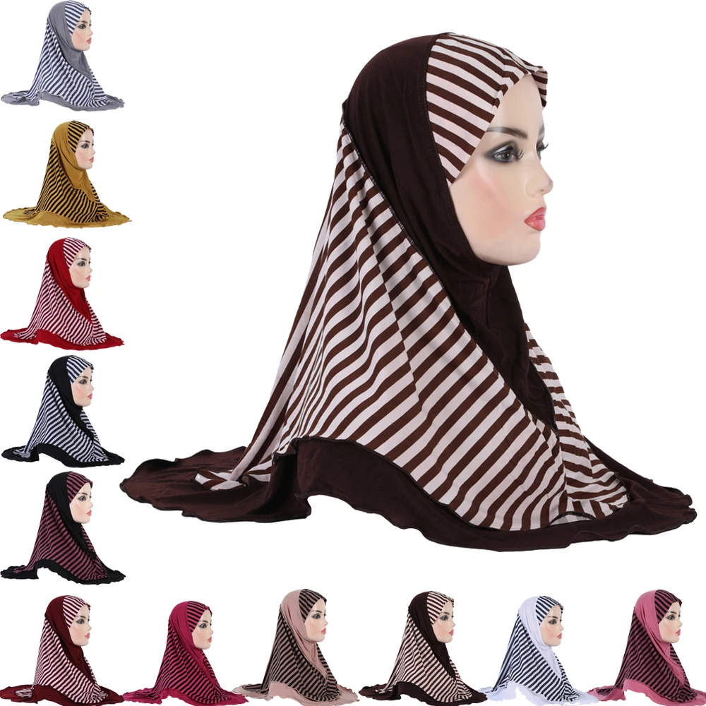 

12pcs Beautiful Big Size Muslim Hijab Two Layer Pull On Amira Islamic Scarf Women Head Wrap Headscarf Plain Style Stripes Hijab