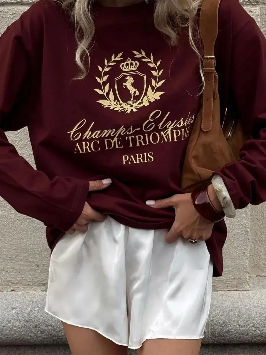 Old Money French Wine Red Sweatshirt Vintage Horse Paris Print Oversized Loose 100% Cotton Neutral Luxury Pullover Soft Fashion