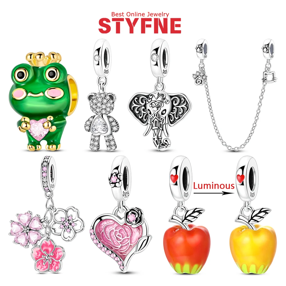 

925 Silver Frog Bera Elephant Sakura Rose Luminous Apple Beads Charms Animal Floral Charms for Bracelet DIY Fashion Jewelry Gift