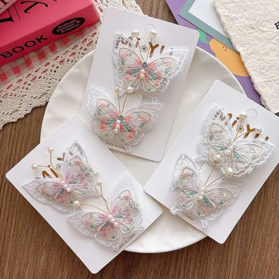 

2Pcs Children's Embroidered Pearl Butterfly Hair Clips Cute Hairgrip Barrettes Hair Accessories for Kids