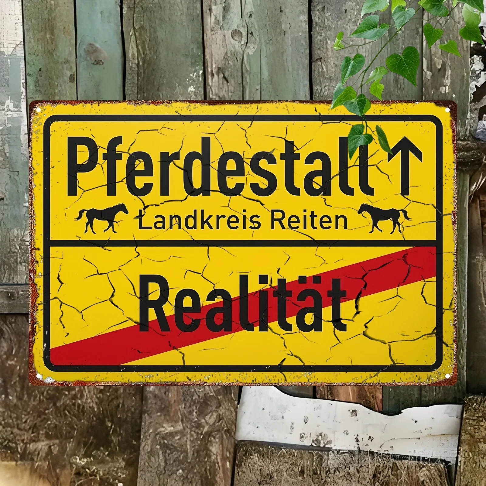 1 plaque métallique vintage « Pferdestall vs Realität » humoristique allemande, décoration murale rétro pour écurie, plaque drôle sur le thème de l'équitation.