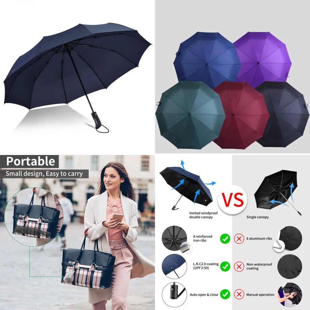 

umbrellaAutomatic Open Close Black Umbrella Anti UV Sun Rain Windproof 3 Folding Compact Travel Umbrella for Men Women