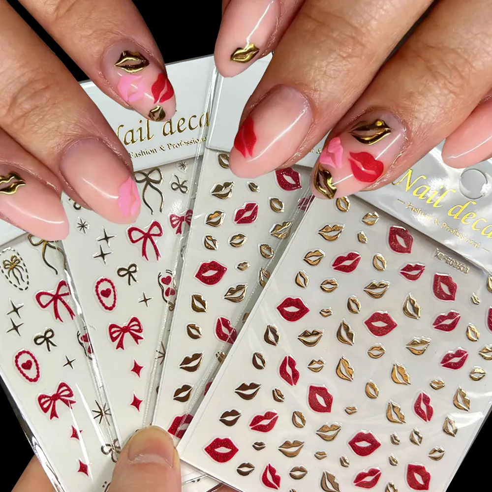 3D Bronzing Gold & Red Lips Nail Stickers Valentine's Day Bow Star Nail Decals Sexy Kiss Lips Self-Adhesive Nail Sliders Decor*1