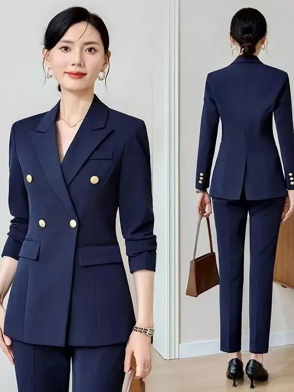 

plus Size Suit Set in Royal Blue with Brand Tag Casual Commute Style High Waist Long Pants Fashionable Two Piece Set for plus...