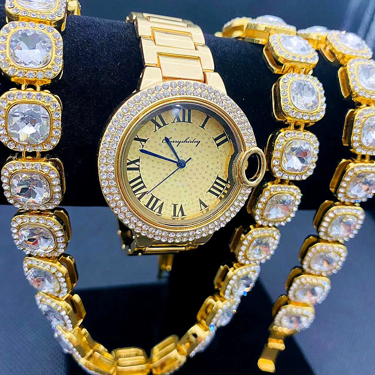 3 pçs relógio de luxo para mulher relógio de ouro tênis corrente pulseira colar gargantilha bling moda jóias para relógios femininos fanshion