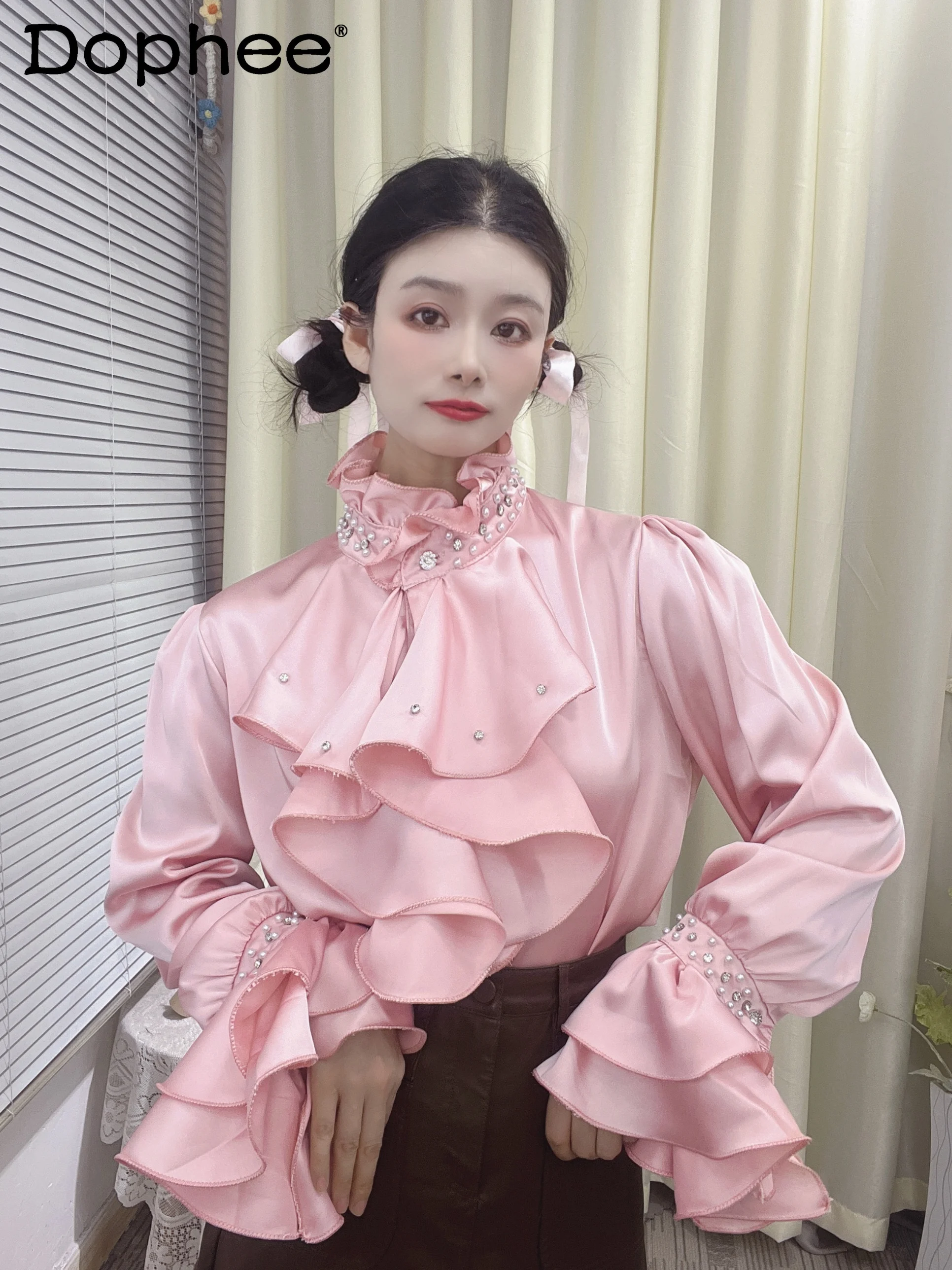 

French Vintage Wooden Ear Diamond Beaded Double-Layer Ruffle Sleeve Shirt Women 2024 Spring Autumn Bell Sleeve Solid Color Shirt