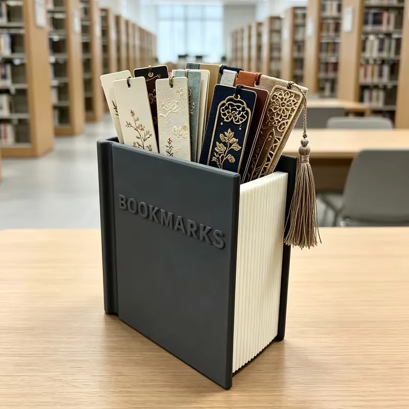 A 3D-printed book-shaped bookmark that doubles as storage and display – a cute desktop organizer for book lovers.