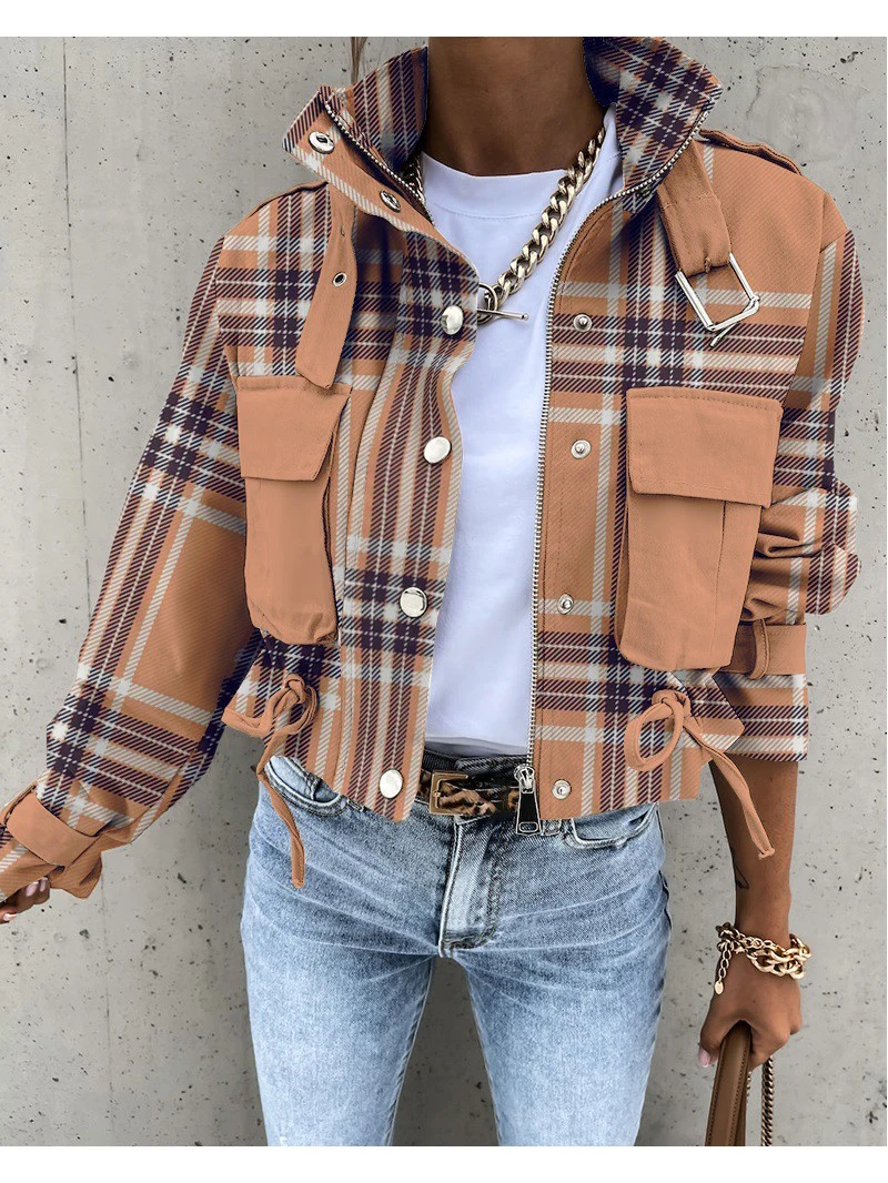 Dámská bunda, oblečení na podzim a zimu, elegantní štíhlý kulatý výstřih, pevná kapsa na knoflíky, dlouhý rukáv, pracovní kabát - náhled 5