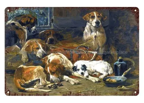 wall art in home JOHN EMMS, HOUND DOGS, TERRIER, AFTER A HUNT metal tin sign