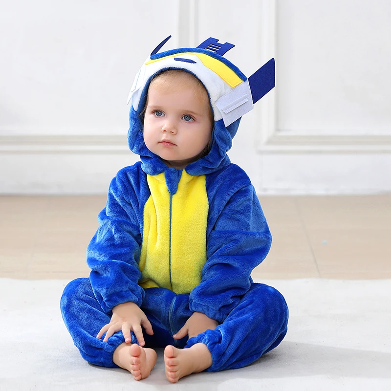 Newborn Toddler Baby Boys Hooded Romper King Kong Costume Soft Plush Warm Fleece Jumpsuit Winter One-Piece Blue Yellow Outfit