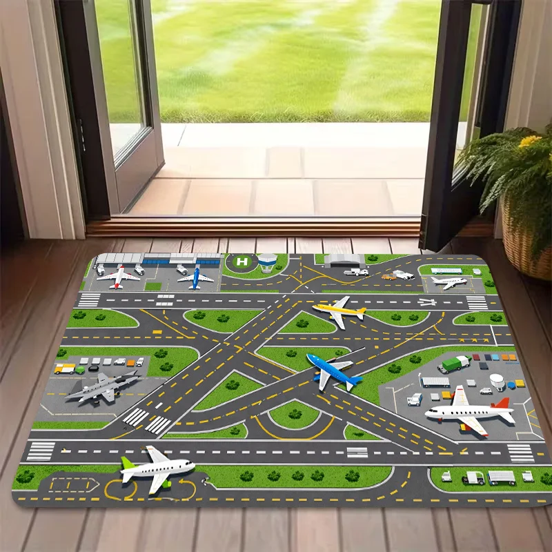 Airport Runway Traffic Pattern 2D Flat Print Non Slip Washable Rug Mat For Entrance Hallway Bathroom Porch Home Decor