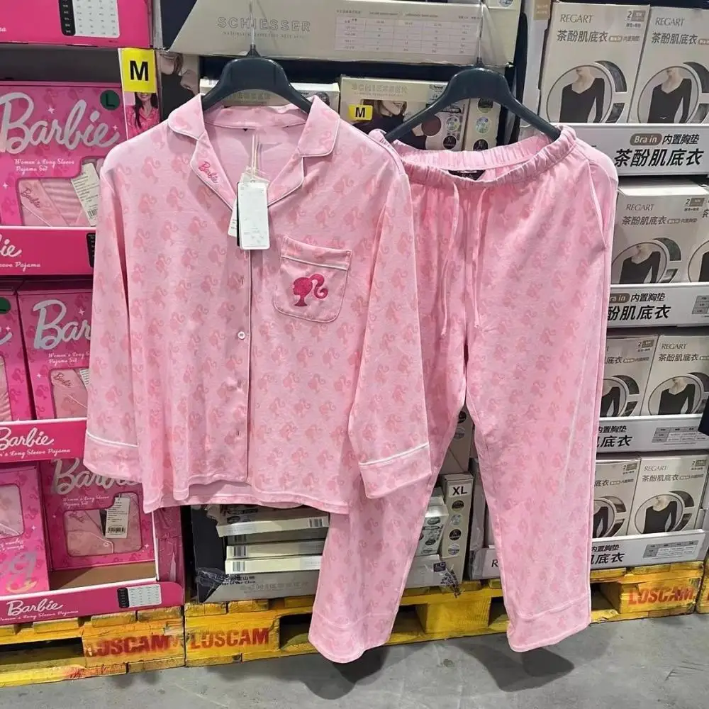 Conjunto de pijama Barbie para mujer, ropa de dormir rosa de dibujos animados para primavera y otoño, ropa de casa para niñas, pantalones de manga