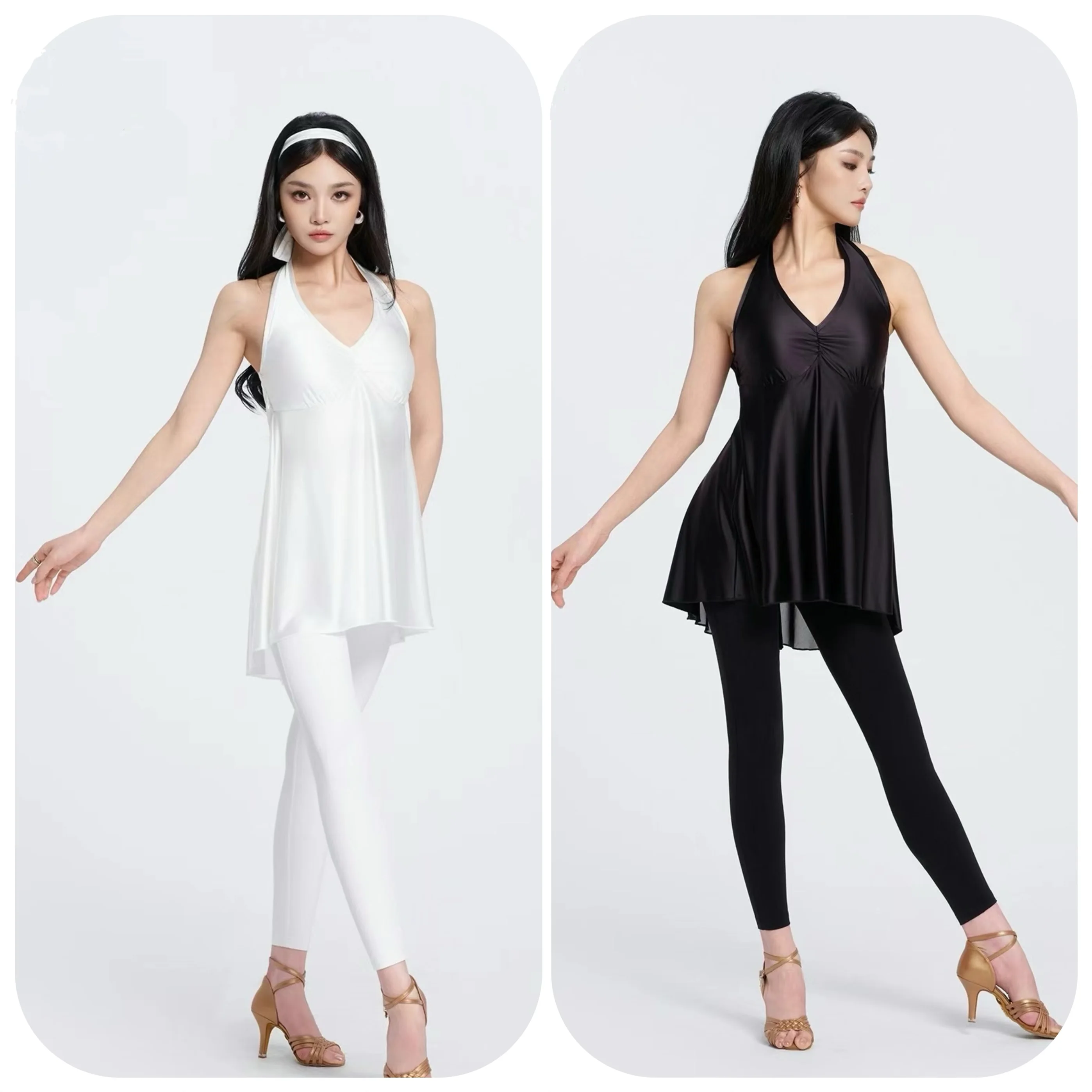 Adulto Rumba Abiti da ballo latino Donna Bianco Nero Top Pantaloni Sala da ballo Pratica di ballo Abbigliamento Summer Club Dance Wear DNV24221